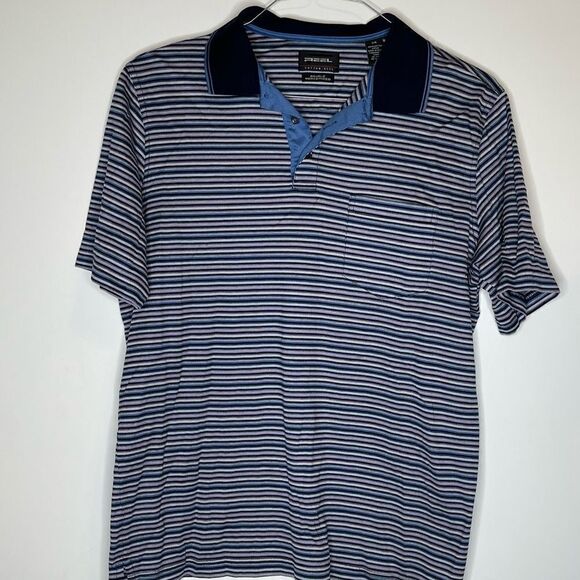 Cotton Reel Blue-White Striped Double Mercerized Cotton Polo Size Large - Picture 2 of 5